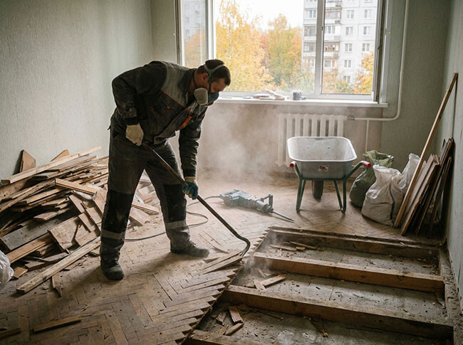 рабочий демонтирует пол рабочий демонтирует пол в старой квартире