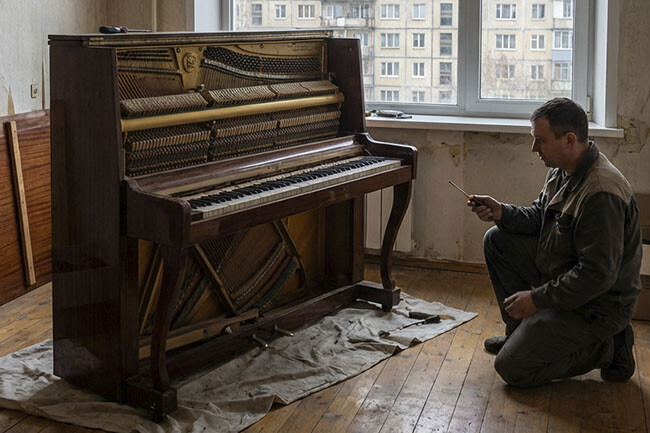 Пианино на выброс, подготовленный к вывозу