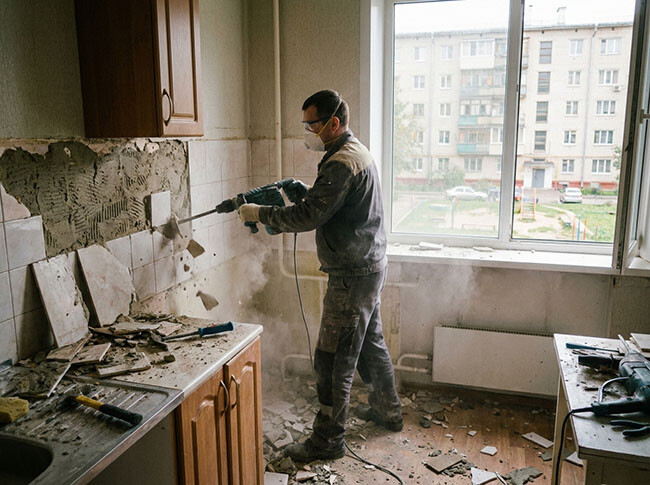 Рабочий демонтирует плитку в квартире во время ремонта