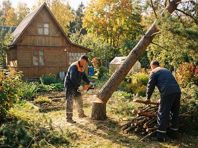 Спил деревьев с земли рабочими