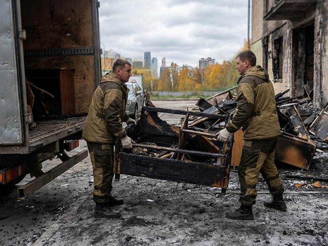 погрузка мусора грузчиками после пожара