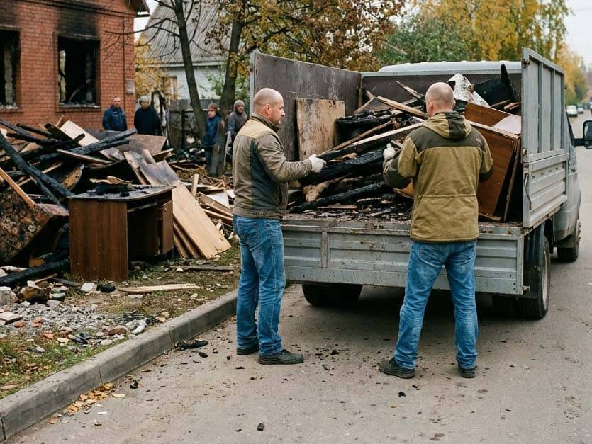Рабочие убирают обгоревшие остатки дома после пожара