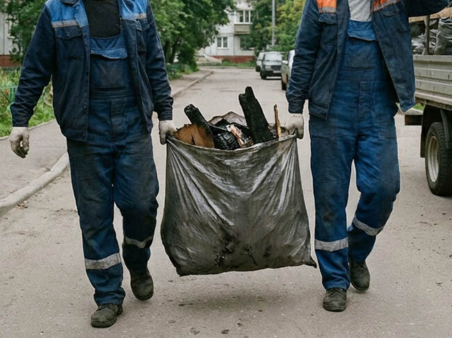 Грузчики выносят мешок с обгоревшими остатками после пожара