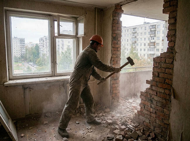 рабочий на объекте демонтирует перегородку
