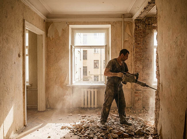 Демонтаж старых стен Рабочий демонтирует старую стену отбойником