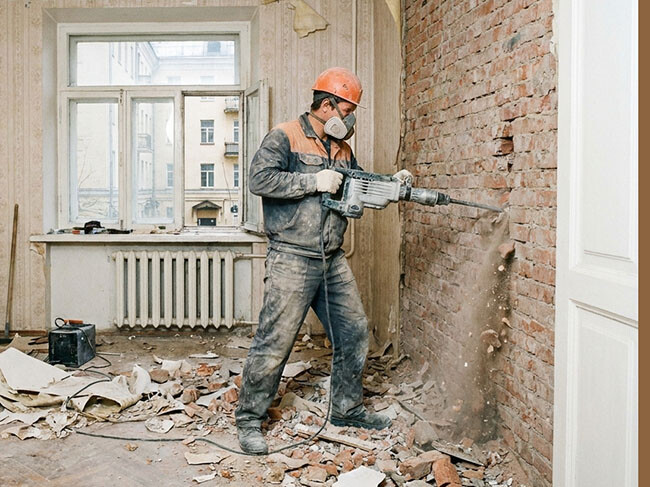 рабочий демонтирует стену рабочий демонтирует стену в квартире в Москве