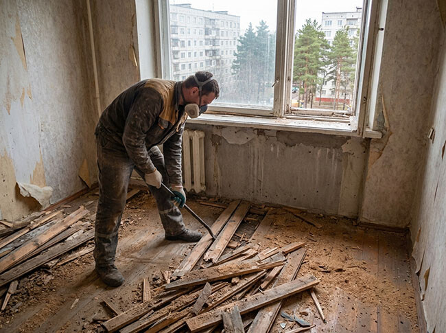 рабочий демонтирует пол в квартире