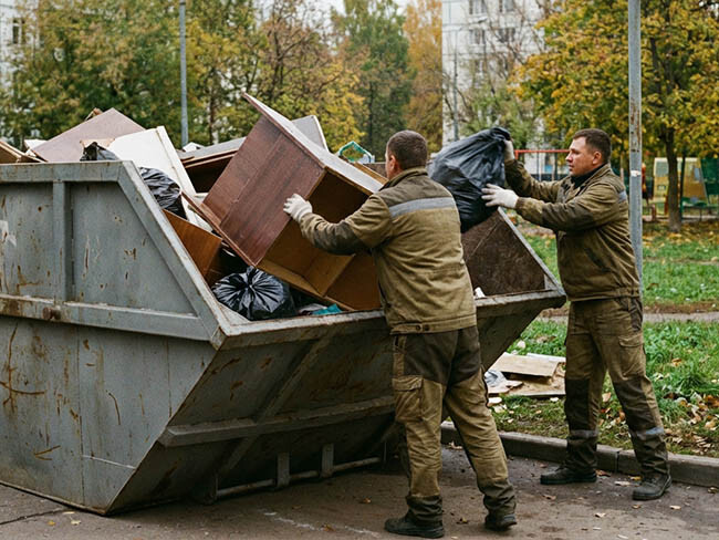 Грузчики вывозят мусор контейнером пухто 8 м3